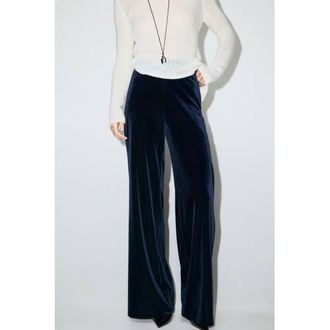 Mango fluwelen wide leg high waist broek donkerblauw