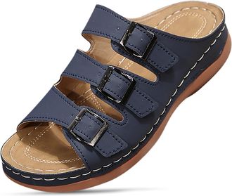 Generic Women Summer Slip On Casual Open Toe Comfortable Beach Walking Flat Sandals Slippers Lightweight Flexible Sole Design (Blue, 5.5)