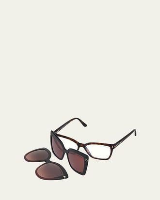 Tom Ford Square Blue-Block Optical Frames w/ Two Magnetic Sunglasses Clips