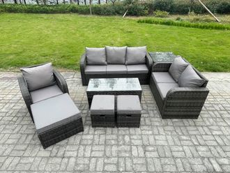 Fimous 9 Seater High Back Rattan Garden Furniture Set w/ Loveseat Sofa Rectangular Coffee Table Side Table 3 Footstools Outdoor Patio Lounge Sofa Set