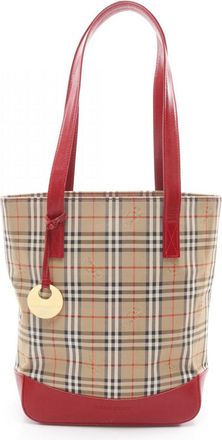 Burberry Beige Multi-Color Red Color Canvas Leather Tote Bag (Pre-Owned)