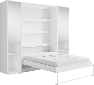 Vente-Unique Cama abatible vertical 140 x 200 cm - 2 columnas de almacenamiento - Con espejos y LEDs - Blanco - RAPILI