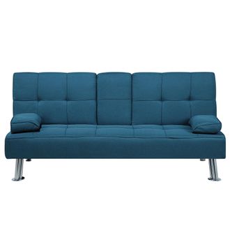 Beliani Sof&aacute; Cama 3 Plazas De Tela Azul Mesa Abatible Convertible Click Clack Moderno Roxen