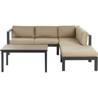 Beliani Set da giardino divano 5 posti e tavolo elevabile con struttura nera e piano in vetro e cuscini beige Messina