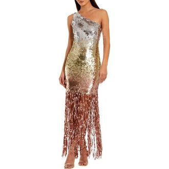 Mac Duggal Ombre Sequin Fringe Mesh One Shoulder Gown in Gold Silver Ombre at Nordstrom, Size 10