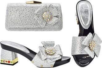 Generic Womens Rhinestone Flowers Party Set Italian Luxury Wedding Shoes and Matching Evening Handbag