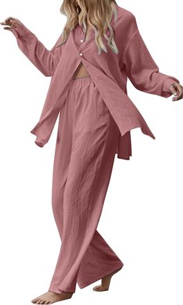 Generic Two Piece Linen Outfit Women UK Plus Size 22, Ladies Linen Co Ord Set Summer Long Sleeve Button Shirts Wide Leg Trousers Casual Comfy Lounge Wear Beac