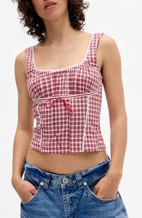 BDG Lena Rickrack Trim Check Linen Blend Camisole in Red Check at Nordstrom Rack, Size Large