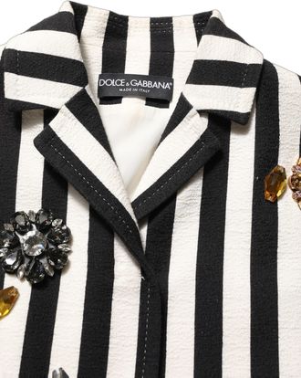 Dolce & Gabbana Womens Black White Striped Embellished Coat Jacket Clothing