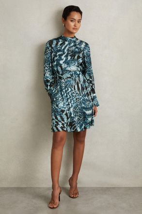 Reiss Womens Green & Black Animal Print Belted Mini Dress, Size: 10