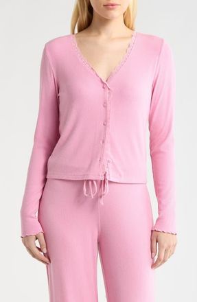 Open Edit Daydream Lace Trim Rib Button-Up Lounge Top in Pink Storm at Nordstrom, Size X-Small