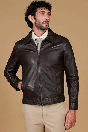 D'Arienzo Giacca in pelle naturale marrone effetto liscio collo camicia DArienzo, Seleziona Taglia 44, Colore Marrone