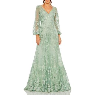 Mac Duggal V Neck Puff Sleeve A Line Embroidered Gown in Sage at Nordstrom, Size 24