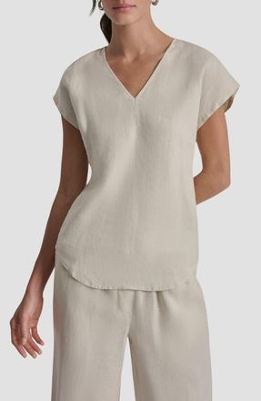 DKNY V-Neck Linen Top in Natural at Nordstrom, Size X-Small