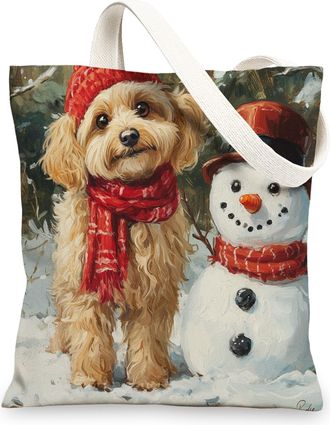 Generic Winter Christmas Cavachon Dog Canvas Tote Bag for Shopping 13x15, Snowman Xmas Puppy Pet Reusable Grocery Print Bag for Women Men, Holiday Aesthetic P