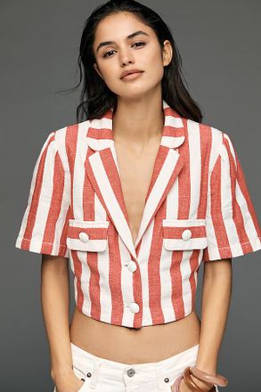Maeve Striped Short-Sleeve Cropped Blazer Jacket