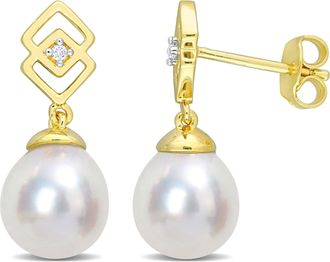 Mimi & Max 8-9mm South Sea Cultured Pearl and White Topaz Drop Earrings in Yellow Silver