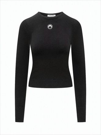 Marine Serre Fitted Black Long-Sleeve Top With Crescent Moon Emblem
