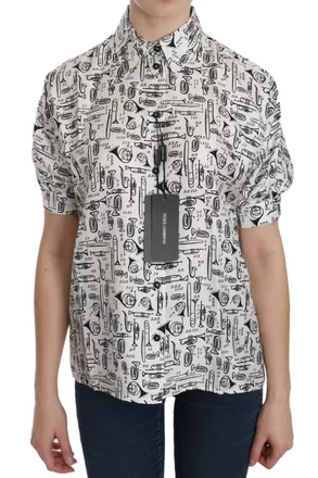 Dolce & Gabbana White Musical Instrument Collared Blouse Womens Shirt