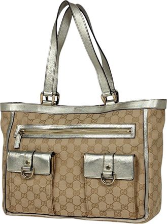 Gucci Gg Canvas Beige Gold Gg Canvas Leather Handbag Tote Bag (Pre-Owned)