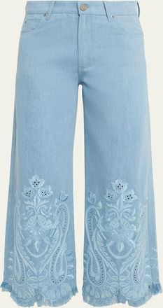 Kobi Halperin Marigold Embroidered Washed Denim Wide-Leg Pants