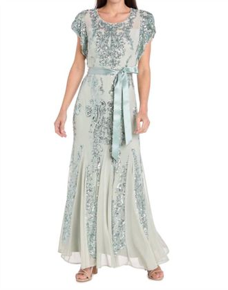 R & M Richards Sequin Godet Gown With Satin Bow In Sage