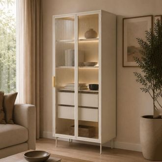 Dmora Vitrina Lafafasa, Mueble Expositor 4 Estantes, 2 Cajones, 2 Puertas, 92x39x195h Cm Beige Cashmere