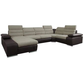Vente-Unique Divano letto angolare panoramico in tessuto e similpelle Bicolore beige e marrone - Angolo a sinistra - boileau