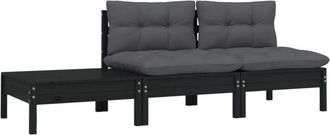 vidaXL Juego Muebles De Jard&iacute;n 3 Pzas Cojines Negro Madera Pino Maciza Vidaxl