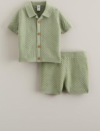 Nordstrom Short Sleeve Knit Button-Up Shirt & Shorts Set in Green Reseda at Nordstrom, Size 18M
