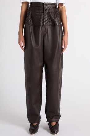 Bottega Veneta Intrecciato Panel Leather Trousers in 2608 Dark Carrubo at Nordstrom, Size 2 Us