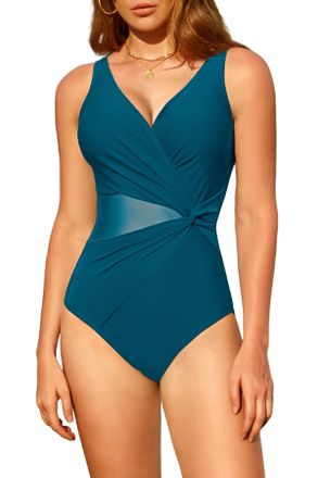 SHEKINI Swimming Costume Women Sexy Mesh Tummy Control One Piece Swimsuit Push Up Bathing Suit Swimwear Mineral Blue