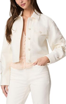 Paige Michele Embroidered Sleeve Crop Denim Jacket in Tonal Ecru at Nordstrom, Size Xx-Small