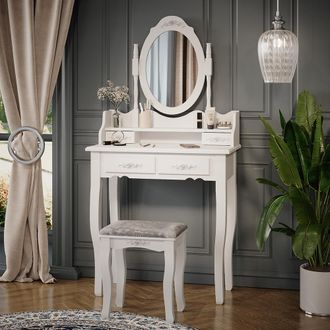 Vicco Tocador Meghan, Blanco, 75 Cm Con Taburete Vicco