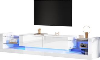 STILVORA Mueble Tv Con 2 Cajones Abatibles Y Led, Frente De Cristal, Blanco Brillo, 181&times;38&times;38 Cm, En Tablero De Part&iacute;culas