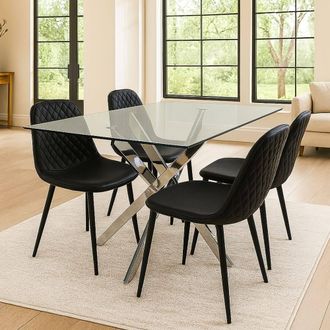 Kosy Koala Modern Rectangle Glass Dining Table With 4 Black Gem Pattern Chairs
