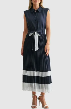 Mila Mae Pleated Cap Sleeve Button-Up Shirtdress in Navy White at Nordstrom, Size X-Large
