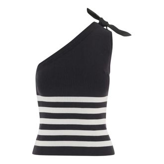 Patou Tops, Dames, Zwart, XS, Katoen, Top met &eacute;&eacute;n schouder en streepjespatroon