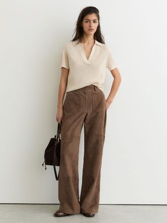 Reiss Taupe Neutral Suede Patch-pocket Flared Trousers, 10R