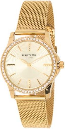 Kenneth Cole Womens Crystal Encrusted 3-Hand Quartz Mesh Strap Watch, 33.5mm in Gold at Nordstrom Rack