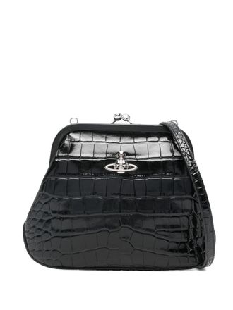 Vivienne Westwood Trapezoidal Black Crocodile-Embossed Handbag With Silver Emblem