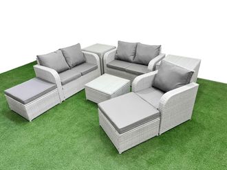 Fimous High Back Poly Rattan Garden Furniture Set w/ Reclining Chair Loveseat Sofa Square Coffee Table Indoor Outdoor Patio Set 2 Big Stool 2 Side