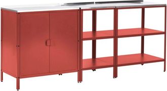 Beliani 3 Piece Outdoor Kitchen Set Red Stainless Steel 2 Storage Islands Cabinet Outdoor Kitchen Cooking Station VILAMA