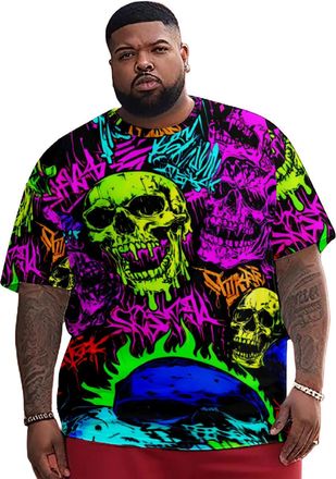 Generic Mens Skull T Shirts,Crewneck Halloween Skeleton Print Oversized Casual T Shirt | Trendy Summer Clothes Basic Top Colorful 7XL
