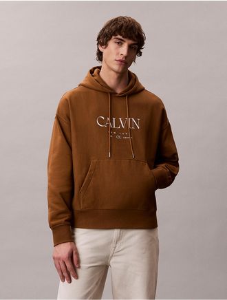 Calvin Klein Mens Premium Fleece Logo Graphic Hoodie - Brown - 2XL