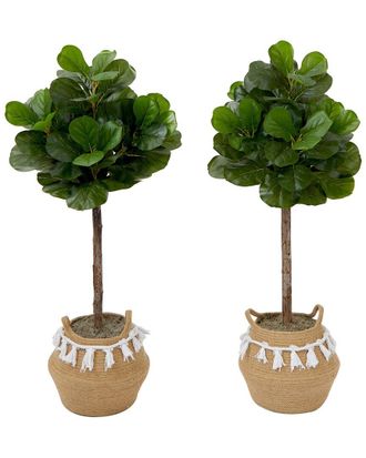 Nearly Natural Set Of Two 4Ft Artificial Fiddle Leaf Fig Trees With Handmade Tassel Basket Diy Kit