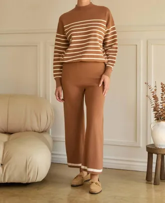 Skies Are Blue Clothing Striped Knit Pullover Sweater In Camel-Cream