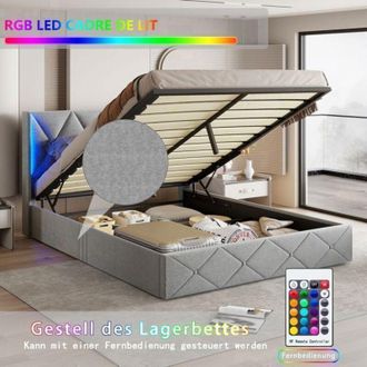 OEM Cama Doble 140x200 - Somier Hidr&aacute;ulico - Cofre De Almacenamiento Led Rgb - Mecanismo Silencioso - Terciopelo Gris Helado