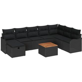 vidaXL Conjunto De Sof&aacute; De Jard&iacute;n Con Coj&iacute;n 9 Pcs Negro Polirat&aacute;n