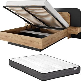 Vente-Unique Canap&eacute; abatible con mesitas de noche 160 x 200 cm - Con LEDs - Color: natural y antracita + Colch&oacute;n - DESADO